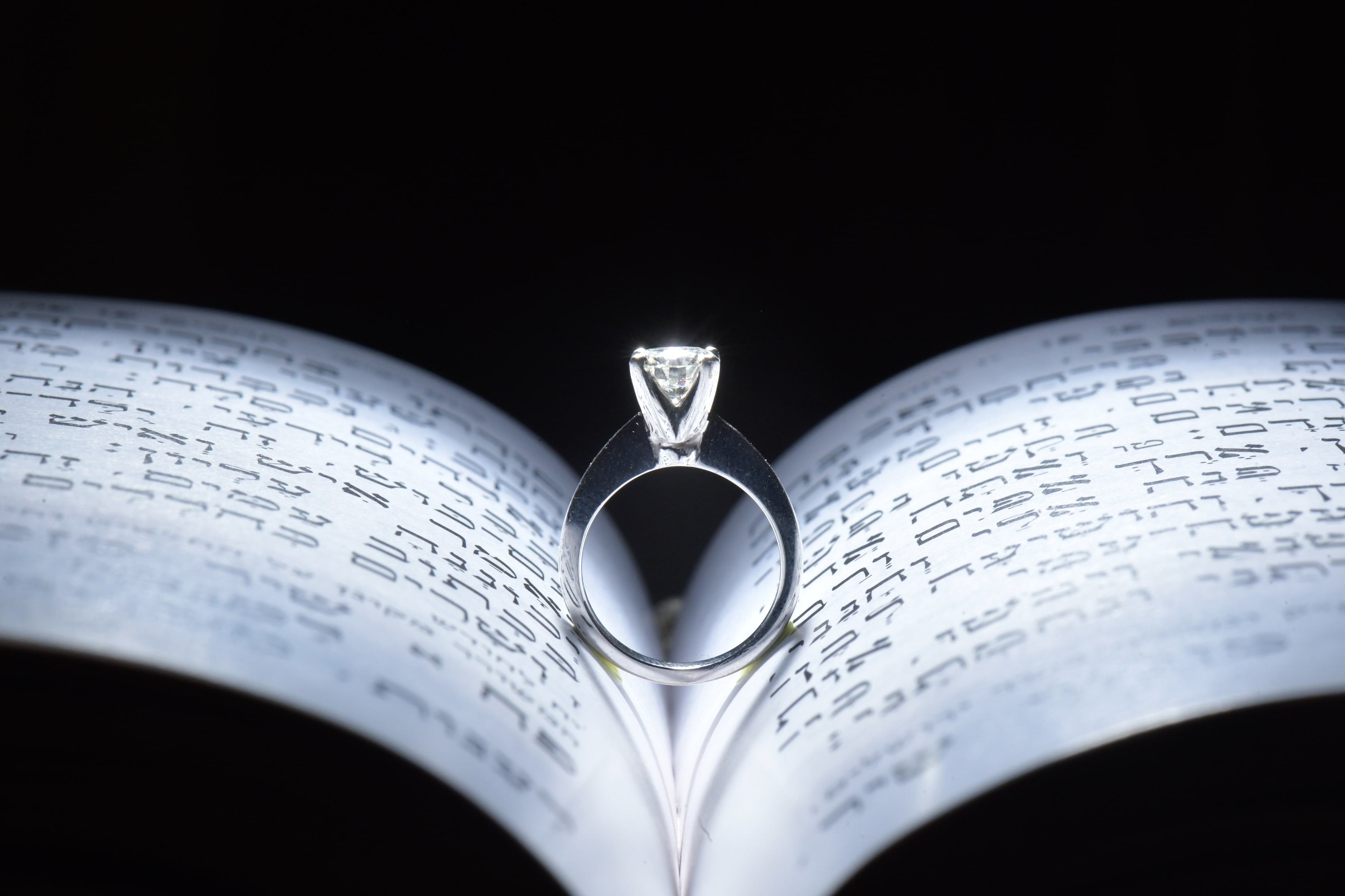 Wedding rings beside open prayer book