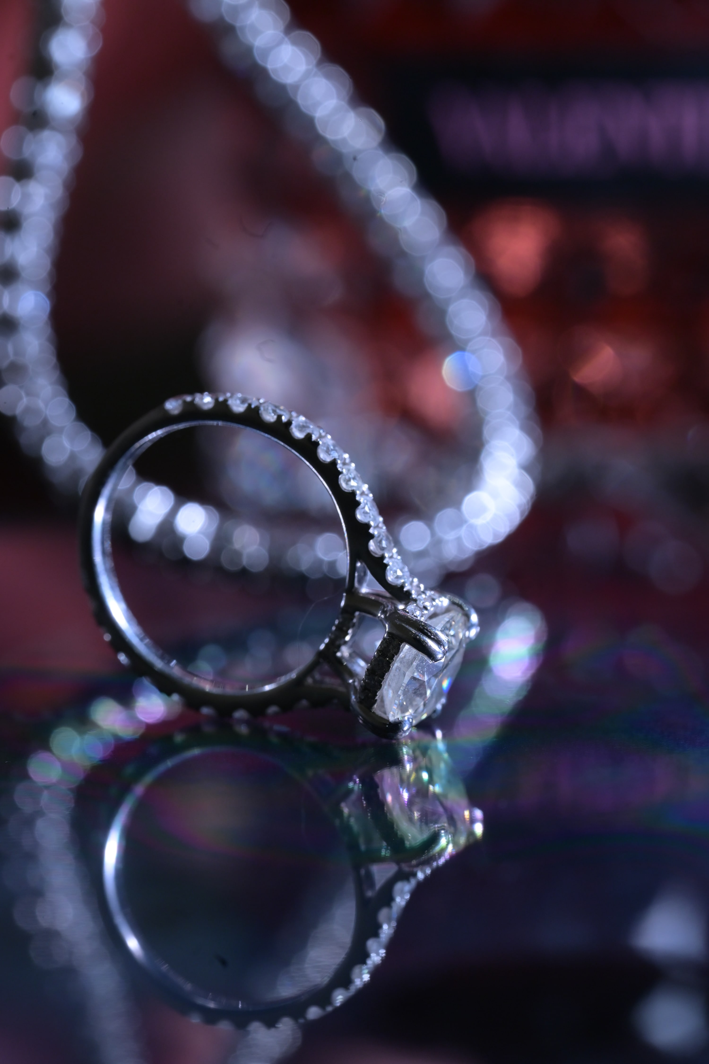 Engagement ring close-up with deep bokeh
